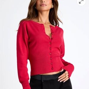 Lulu’s Liraline Red Button-Front Ribbed Cuff Cardigan Sweater